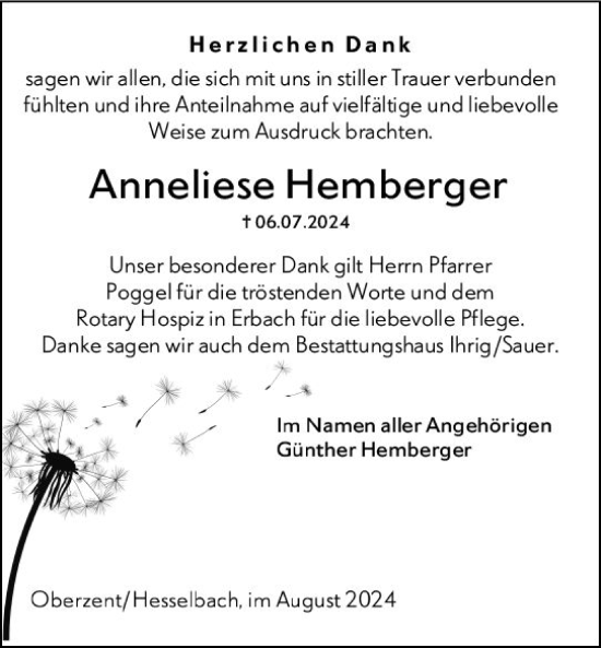 Traueranzeige von Anneliese Hemberger von Odenwälder Echo