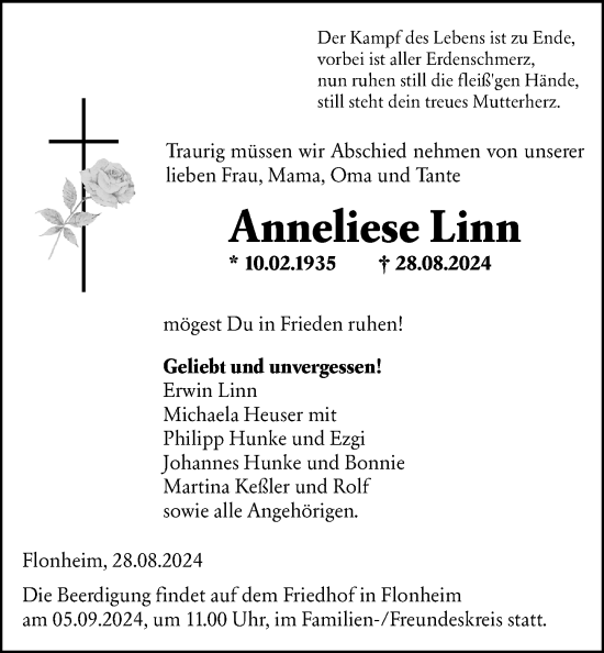 Traueranzeige von Anneliese Linn von Allgemeine Zeitung Alzey