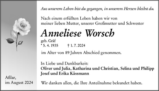 Traueranzeige von Anneliese Worsch von Wetzlarer Neue Zeitung