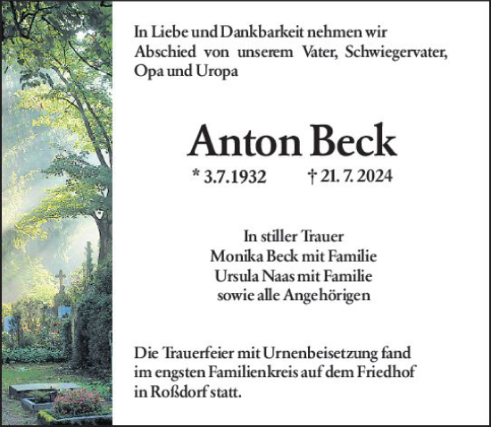 Traueranzeige von Anton Beck von Darmstädter Echo