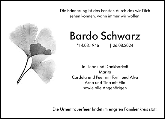 Traueranzeige von Bardo Schwarz von Darmstädter Echo