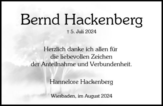 Traueranzeige von Bernd Hackenberg von Wiesbadener Kurier