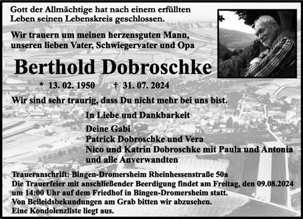  Traueranzeige für Berthold Dobroschke vom 07.08.2024 aus Allgemeine Zeitung Rheinhessen-Nahe