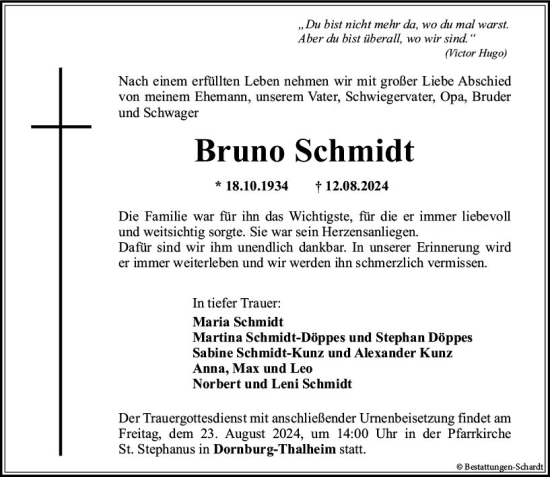 Traueranzeige von Bruno Schmidt von Nassauische Neue Presse