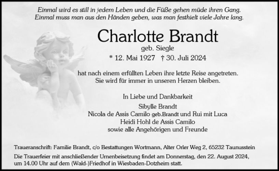 Traueranzeige von Charlotte Brandt von Wiesbadener Kurier