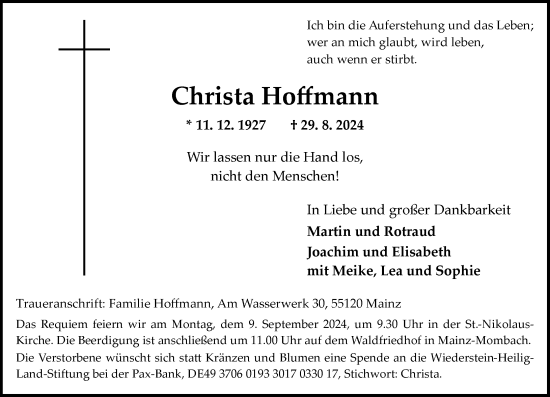 Traueranzeige von Christa Hoffmann von Allgemeine Zeitung Mainz