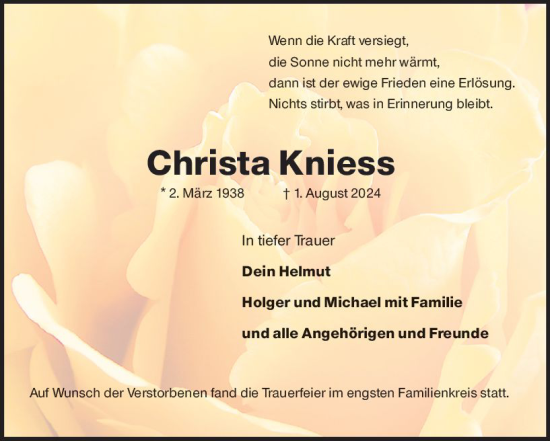 Traueranzeige von Christa Kniess von Darmstädter Echo