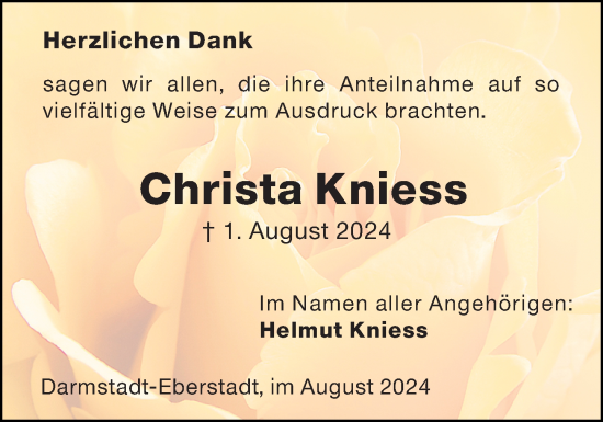 Traueranzeige von Christa Kniess von Darmstädter Echo