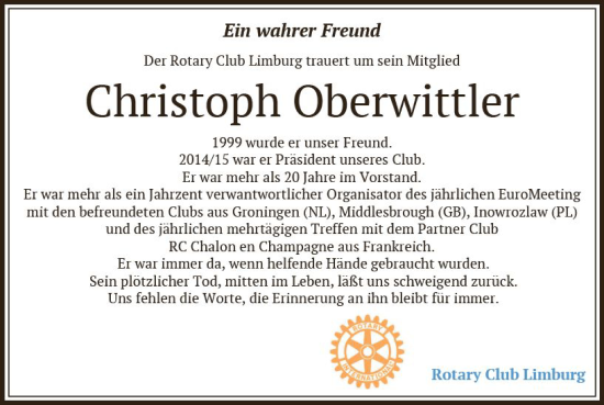 Traueranzeige von Christoph Oberwittler von Nassauische Neue Presse