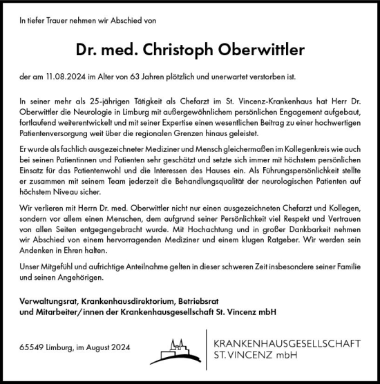 Traueranzeige von Christoph Oberwittler von Nassauische Neue Presse