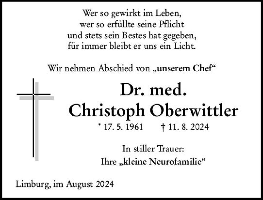  Traueranzeige für Christoph Oberwittler vom 17.08.2024 aus Nassauische Neue Presse