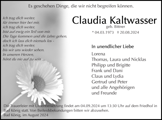 Traueranzeige von Claudia Kaltwasser von Darmstädter Echo