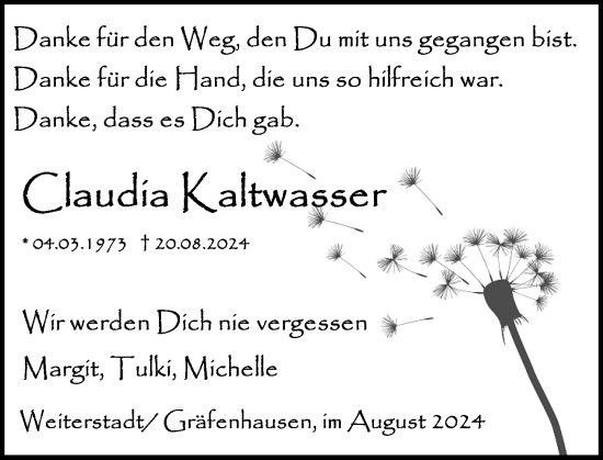 Traueranzeige von Claudia Kaltwasser von Darmstädter Echo