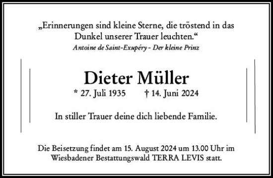 Traueranzeige von Dieter Müller von Wiesbadener Kurier