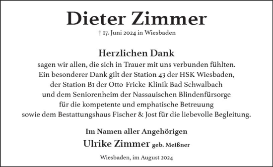 Traueranzeige von Dieter Zimmer von Wiesbadener Kurier