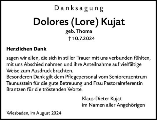 Traueranzeige von Dolores  Kujat von Wiesbadener Kurier