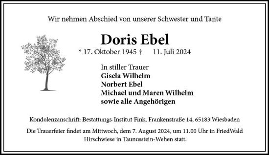 Traueranzeige von Doris Ebel von Wiesbadener Kurier