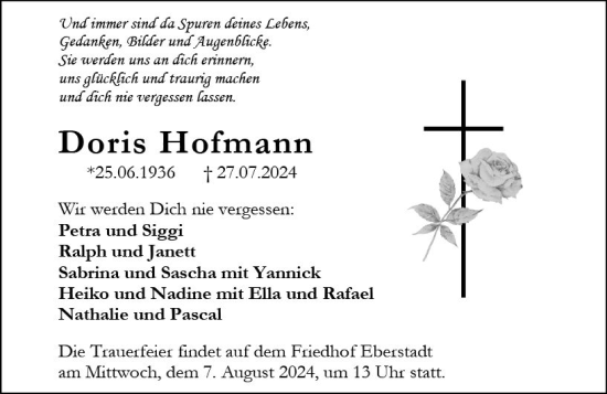 Traueranzeige von Doris Hofmann von Darmstädter Echo