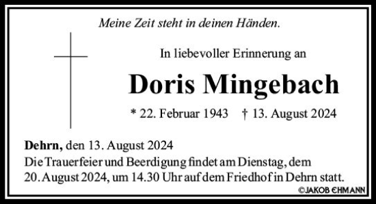 Traueranzeige von Doris Mingelbach von Nassauische Neue Presse