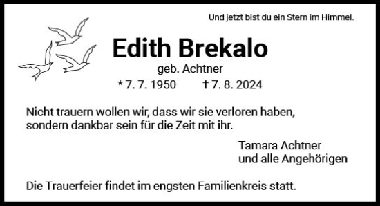 Traueranzeige von Edith Brekalo von Nassauische Neue Presse