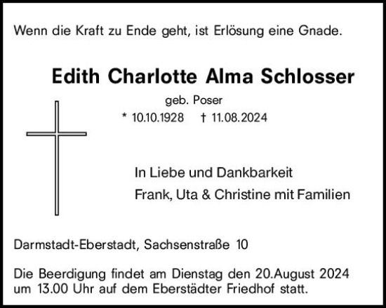 Traueranzeige von Edith Charlotte Alma Schlosser von Darmstädter Echo