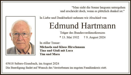 Traueranzeige von Edmund Hartmann von Nassauische Neue Presse