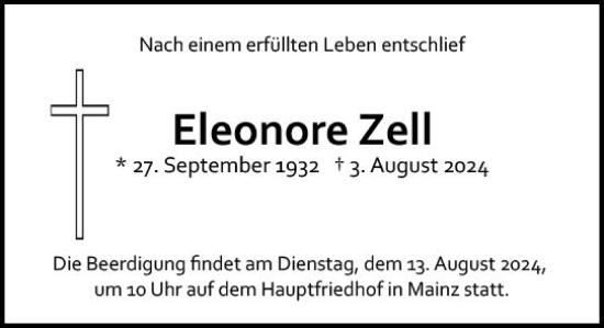 Traueranzeige von Eleonore Zell von Allgemeine Zeitung Mainz