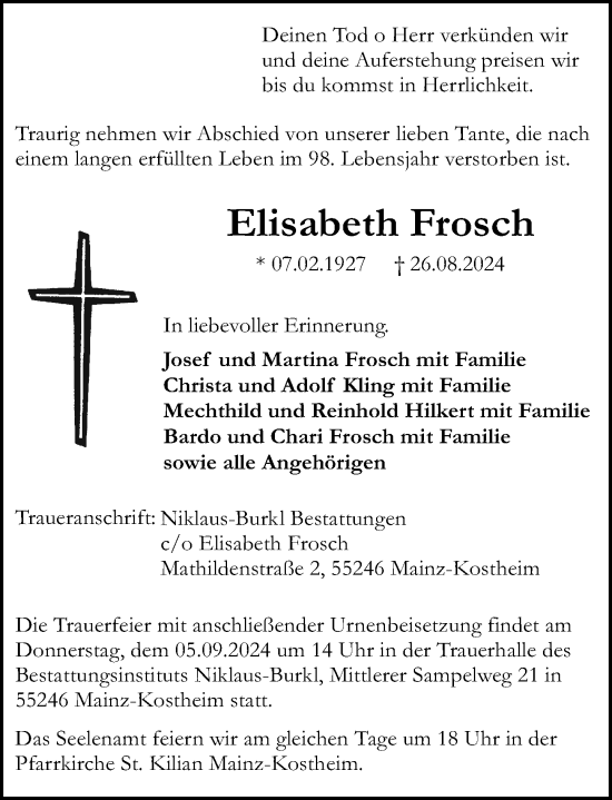 Traueranzeige von Elisabeth Frosch von Allgemeine Zeitung Mainz