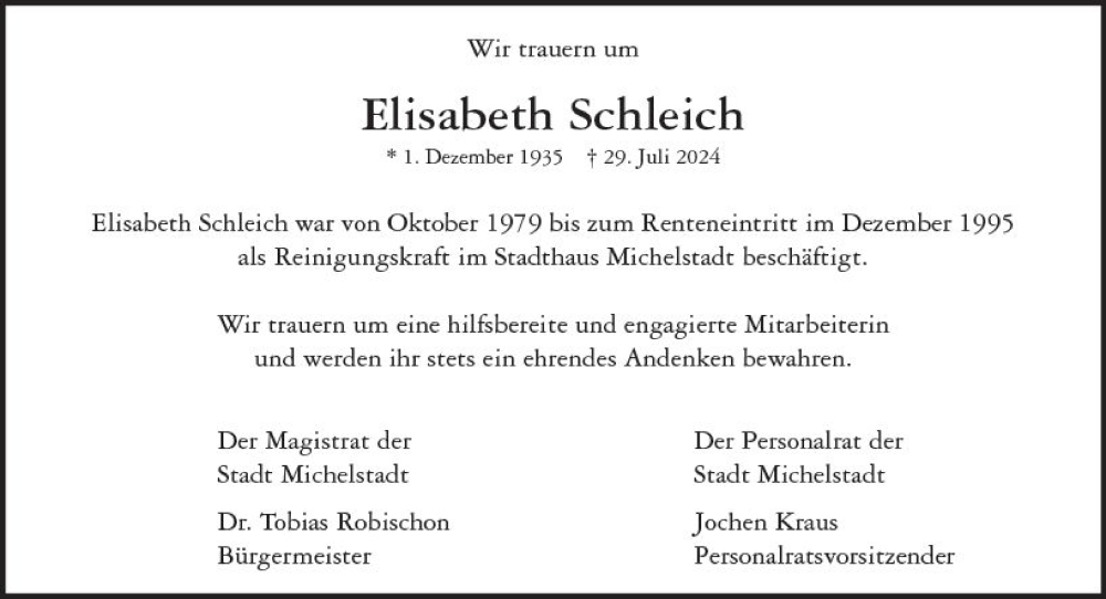  Traueranzeige für Elisabeth Schleich vom 10.08.2024 aus Odenwälder Echo