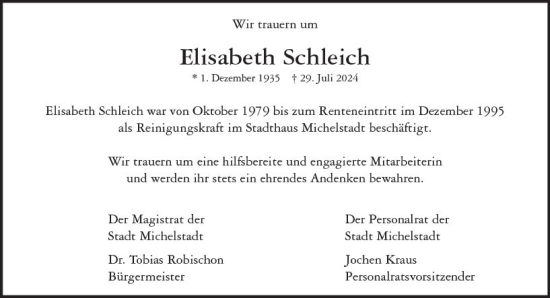 Traueranzeige von Elisabeth Schleich von Odenwälder Echo