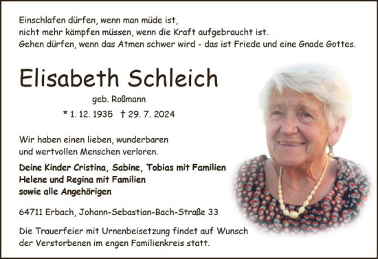 Traueranzeige von Elisabeth Schleich von Odenwälder Echo