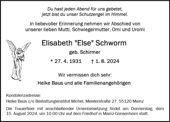 Traueranzeige von Elisabeth Schworm von Allgemeine Zeitung Mainz