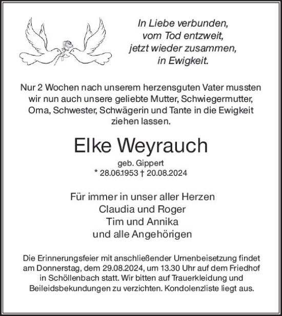 Traueranzeige von Elke Weyrauch von Odenwälder Echo