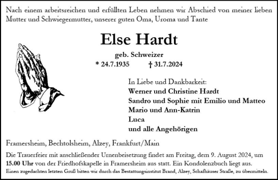 Traueranzeige von Else Hardt von Allgemeine Zeitung Alzey