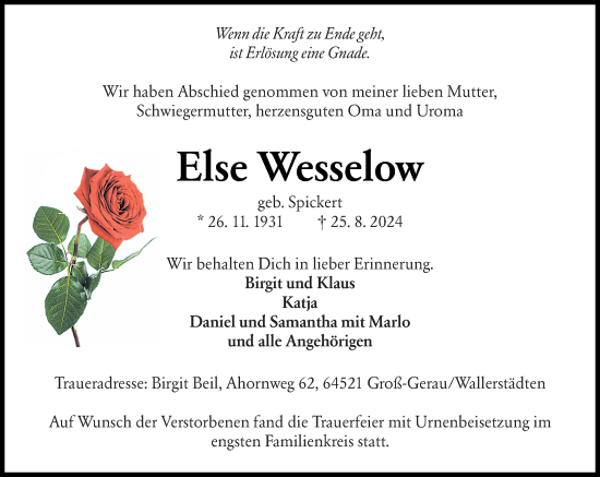 Traueranzeige von Else Wesselow von Groß-Gerauer Echo