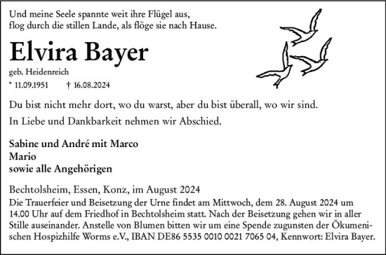 Traueranzeige von Elvira Bayer von Allgemeine Zeitung Alzey