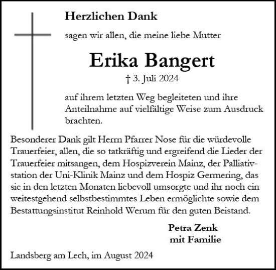 Traueranzeige von Erika Bangert von Allgemeine Zeitung Mainz