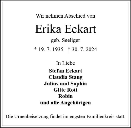 Traueranzeige von Erika Eckart von Odenwälder Echo