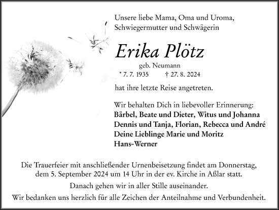 Traueranzeige von Erika Plötz von Wetzlarer Neue Zeitung