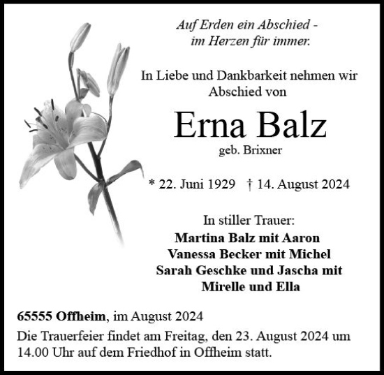 Traueranzeige von Erna Balz von Nassauische Neue Presse