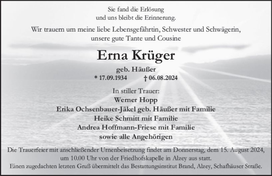 Traueranzeige von Erna Krüger von Allgemeine Zeitung Alzey