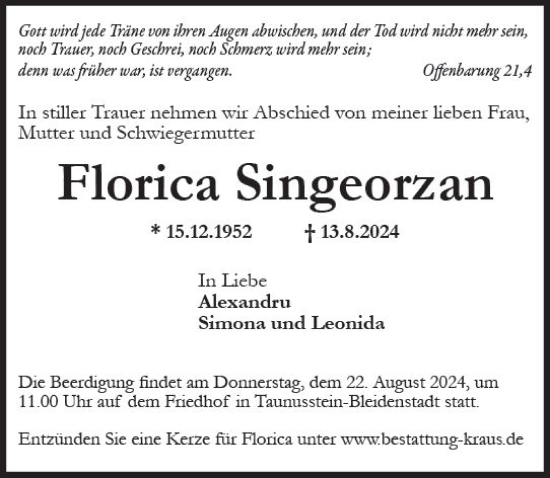 Traueranzeige von Florica Singeorzan von Wiesbadener Kurier