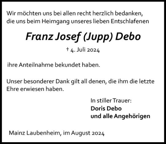 Traueranzeige von Franz Josef Debo von Allgemeine Zeitung Mainz