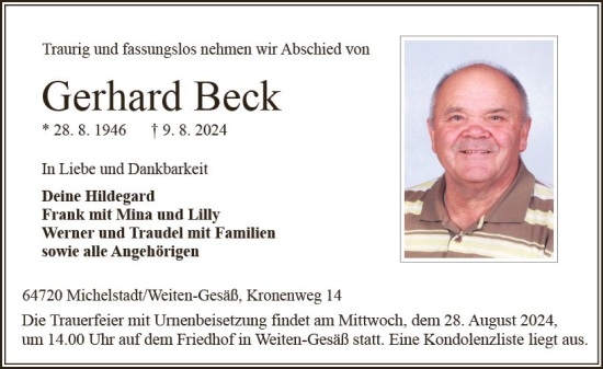 Traueranzeige von Gerhard Beck von Odenwälder Echo