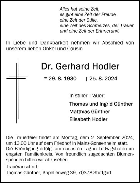 Traueranzeige von Gerhard Hodler von Allgemeine Zeitung Mainz