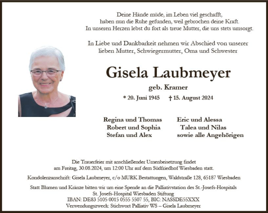 Traueranzeige von Gisela Laubmeyer von Wiesbadener Kurier