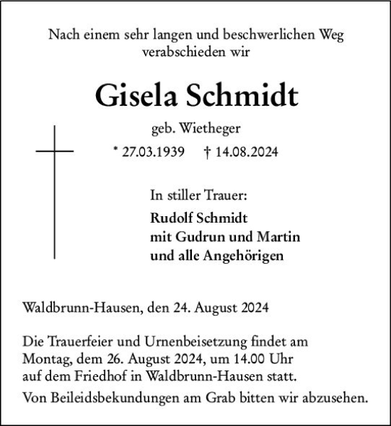 Traueranzeige von Gisela Schmidt von Nassauische Neue Presse