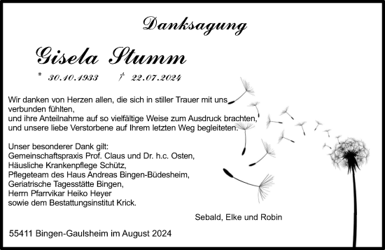 Traueranzeige von Gisela Stumm von Binger-/Ingelheimer Wochenblatt