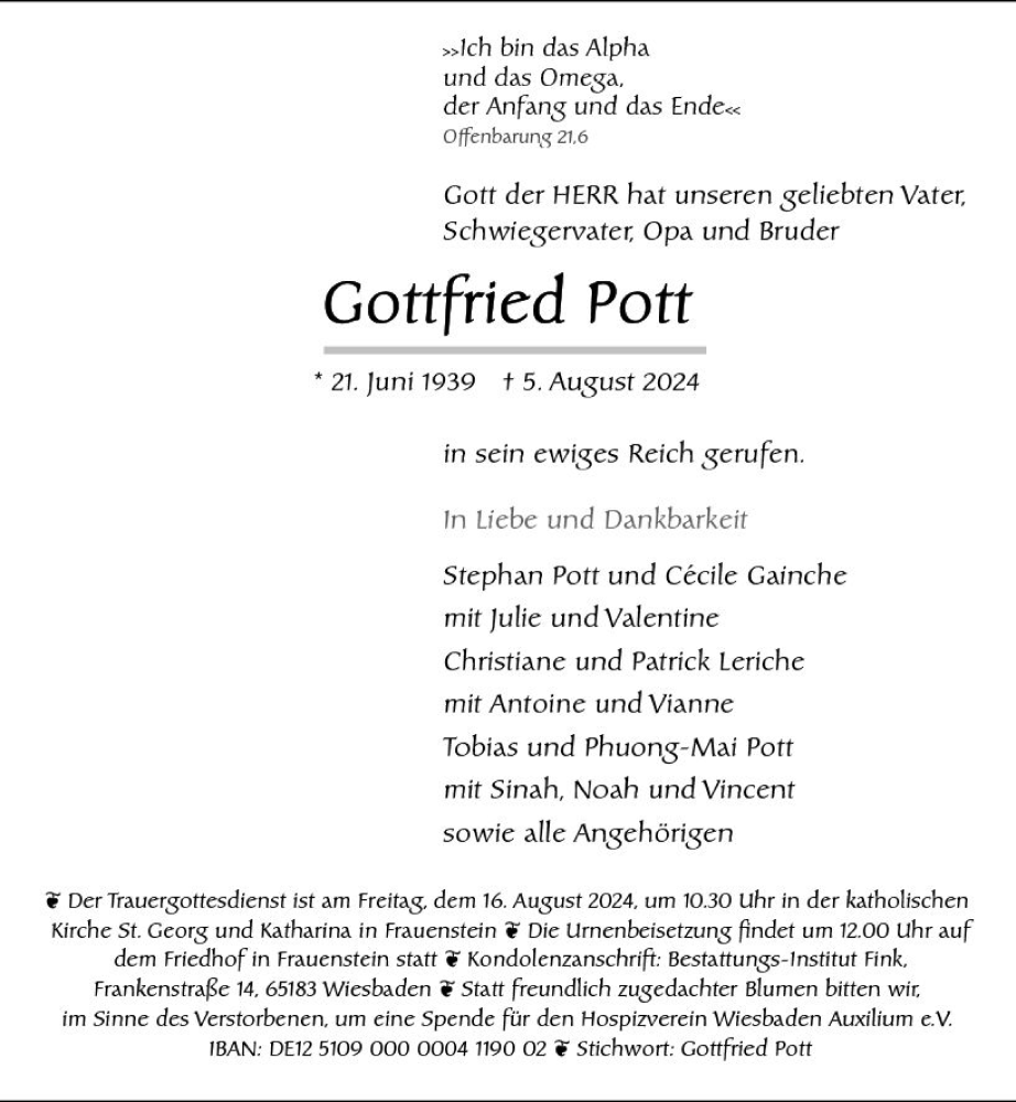  Traueranzeige für Gottfried Pott vom 10.08.2024 aus Wiesbadener Kurier