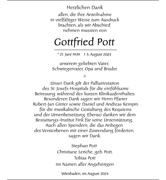 Traueranzeige von Gottfried Pott von Wiesbadener Kurier